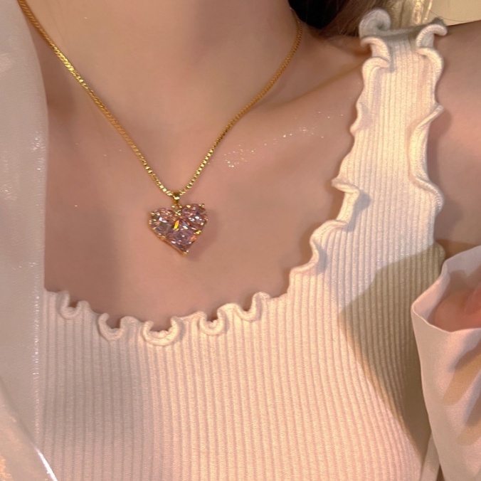 Kalung Choker Rantai Emas Hias Kristal Hati Pink Untuk Wanita