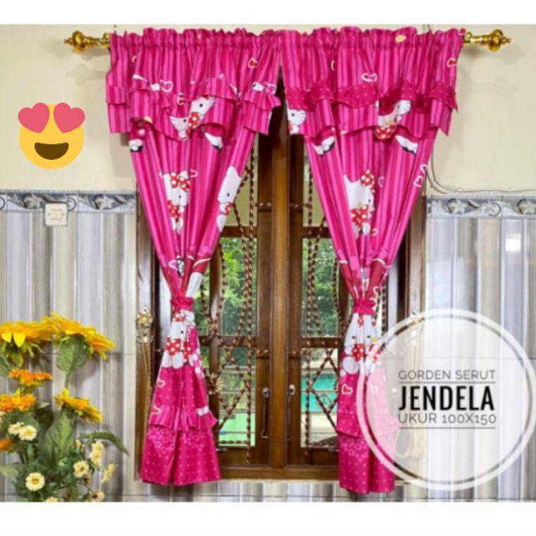 GORDEN JENDELA SERUT PENDEK KAMAR TIDUR PONI RUMBAI SIZE 100x150 MOTIF HELLO KITTY BATIK BUNGA MURAH