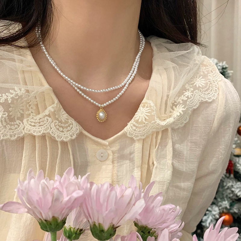 Kalung choker Rantai Klavikula Hias Mutiara Imitasi Ganda Untuk Wanita