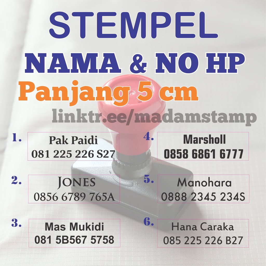 stempel nama nomor marketing sales HP rumah motor mobil hape brosur warna flash otomatis