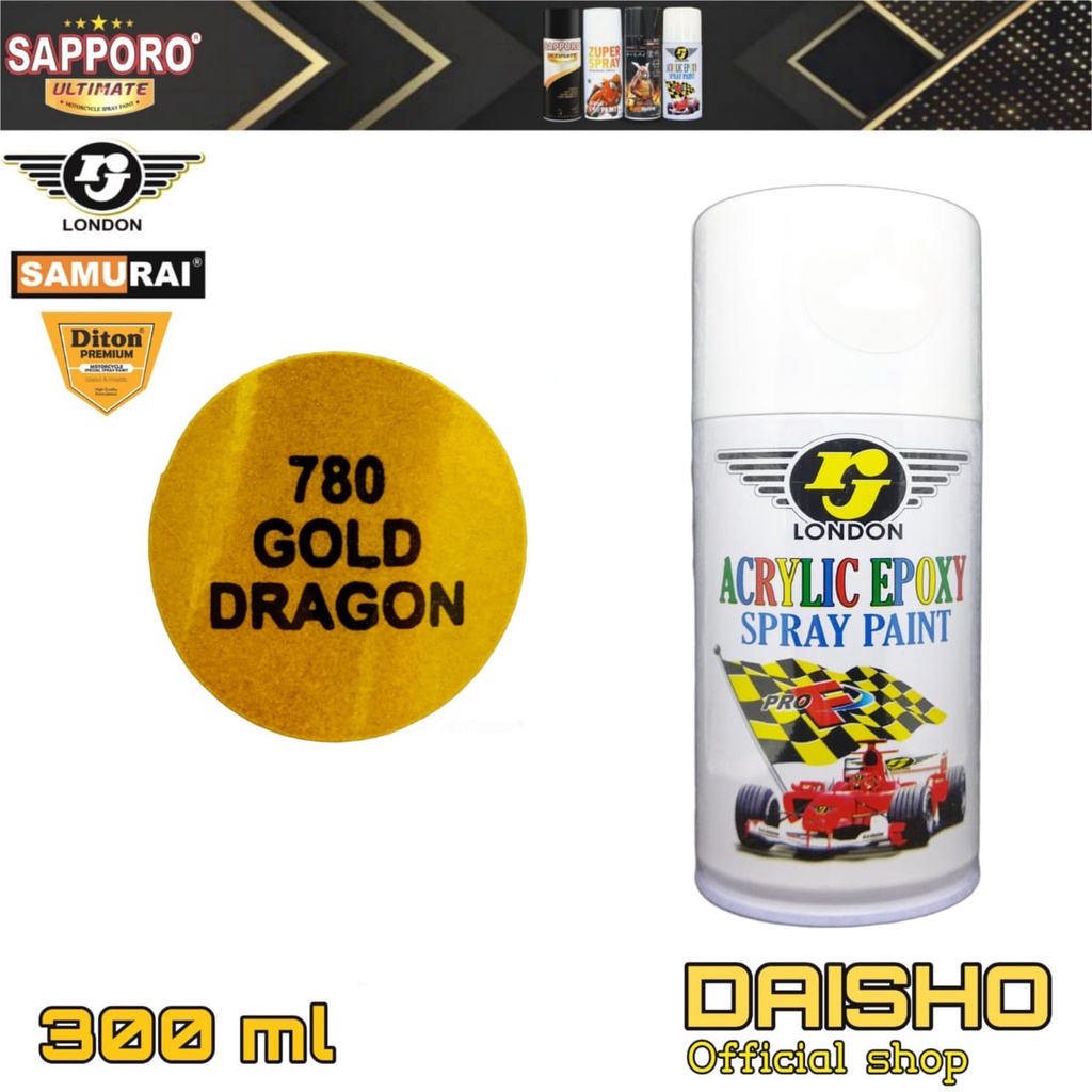 pilok pilox 300ml metallic metalik gold dragon emas rj london cat semprot spray paint