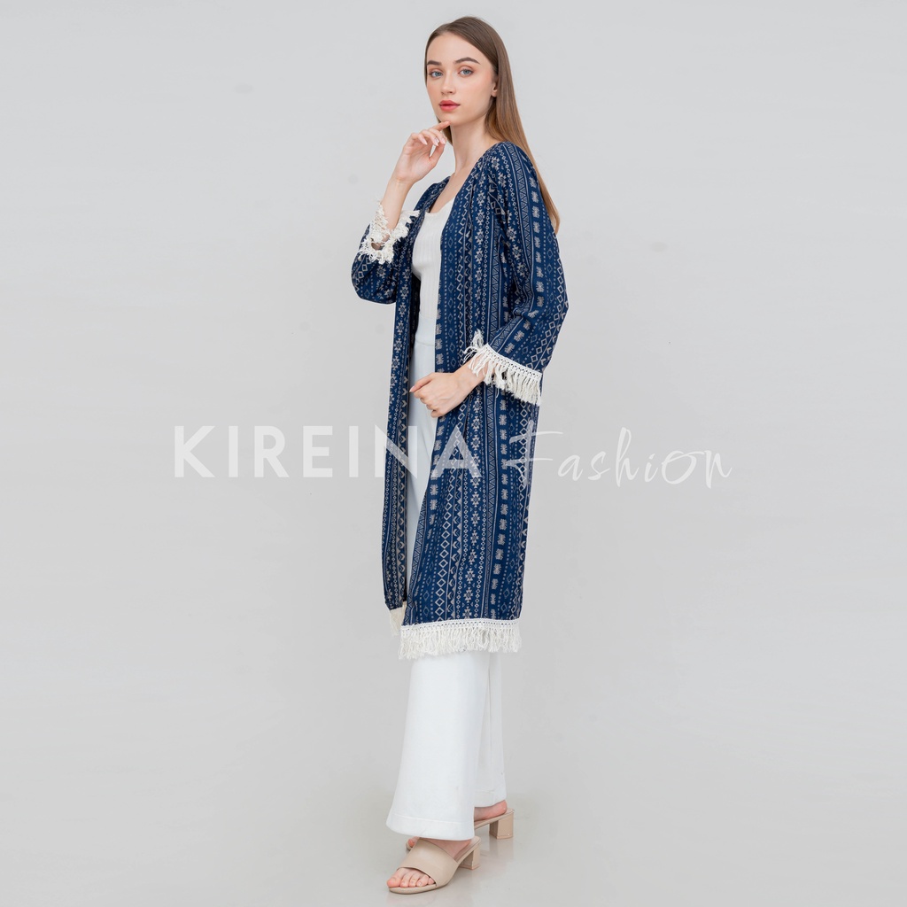 Cardigan Rumbai Putih Etnik Cardigan Bohemian Panjang Wanita | Kireina Fashion