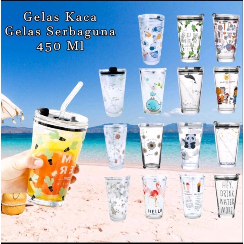 Gelas kaca tumble, gelas sedotan + tutup