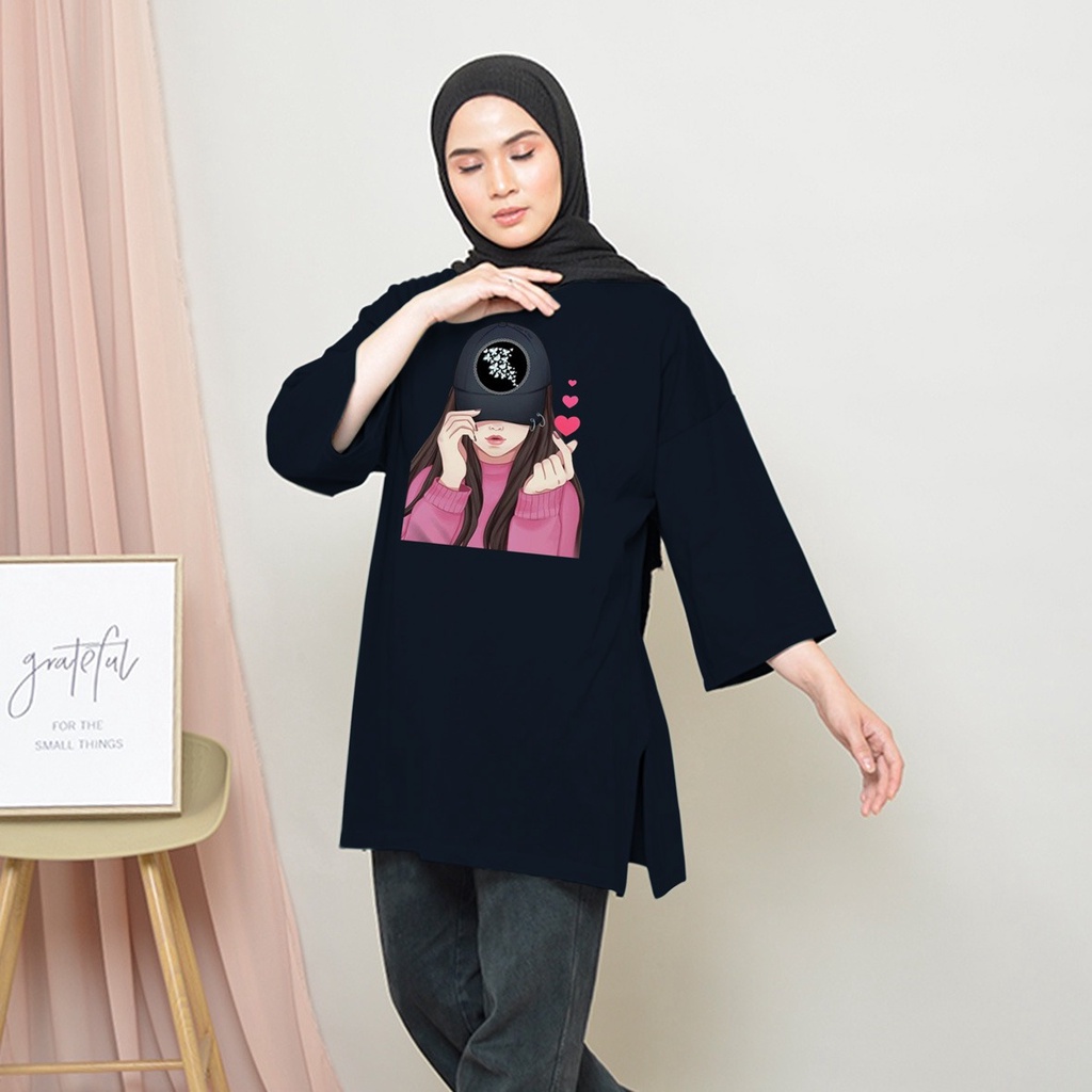 KAOS OVERSIZE TOP HIJAB WANITA BASIC DTF CEWEK TOPI / OVERSIZE SLIT BLOUSE DIGITAL PRINT