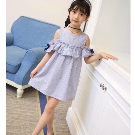 DRESS ANAK KOREA STYLE MODEL SABRINA SALUR PUTIH BIRU 1780#36