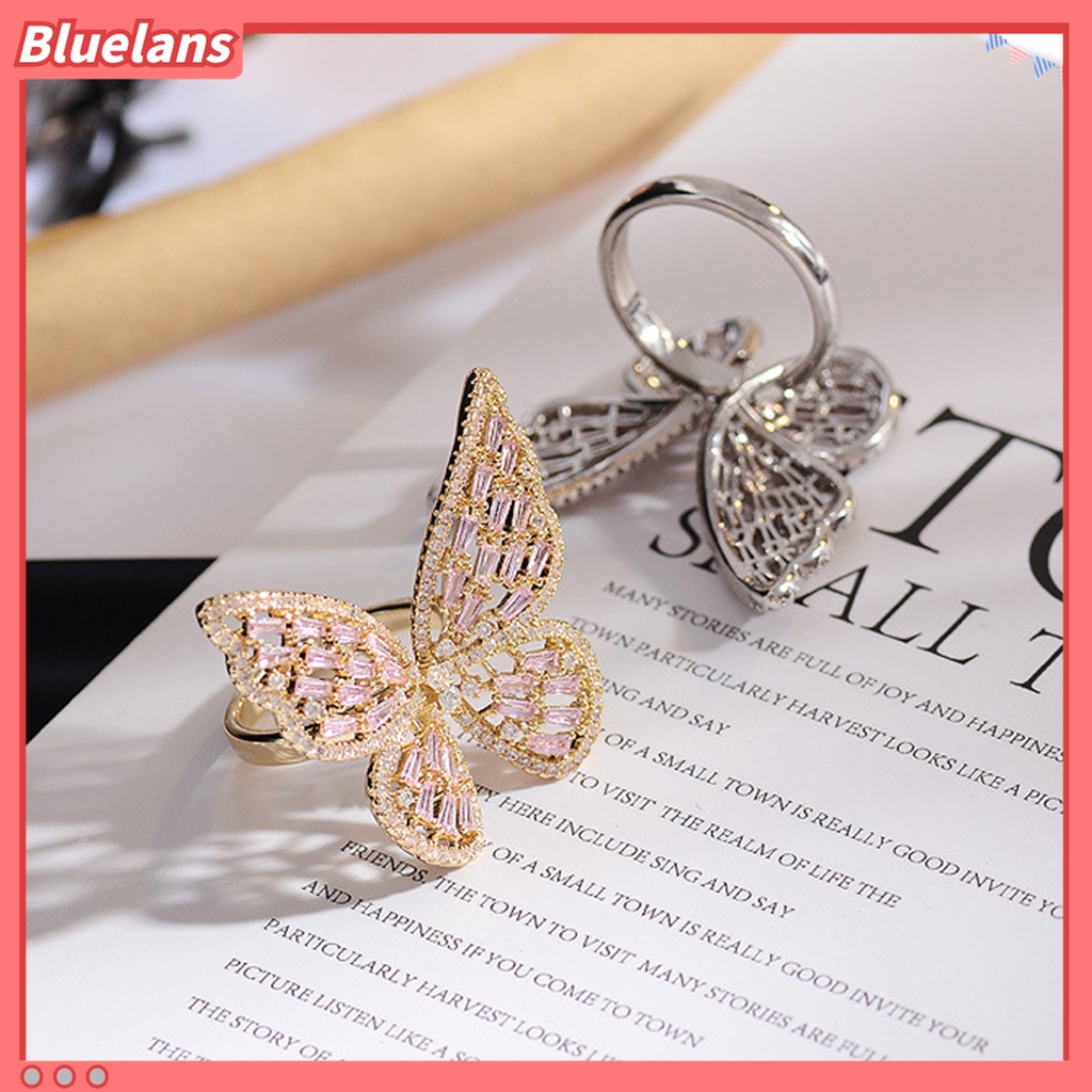 Cincin Model Terbuka Desain Kupu-Kupu Hollow Aksen Berlian Imitasi Untuk Wanita