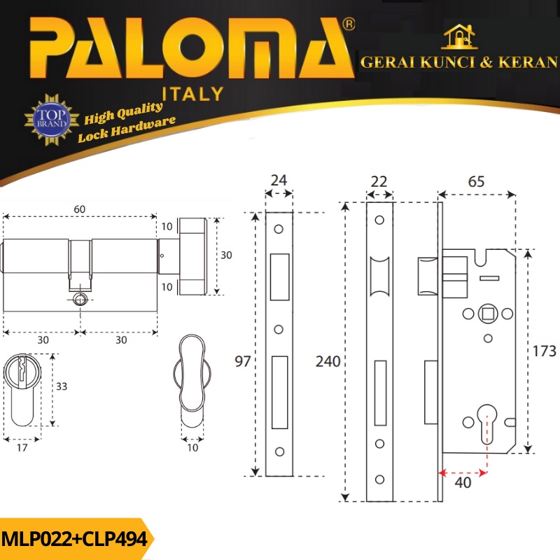 PALOMA MORTISE LOCK SET CYLINDER MLP 022 CLP 494 KNOB KUNCI BODY SWING BACKSET 40MM CYLINDER KNOB 60MM SN