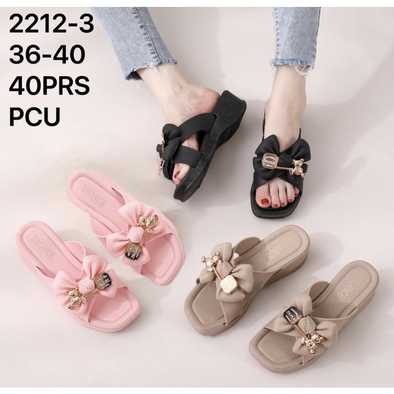 2212 - 3 Sendal pita bear wedges tinggi silang sendal bkk