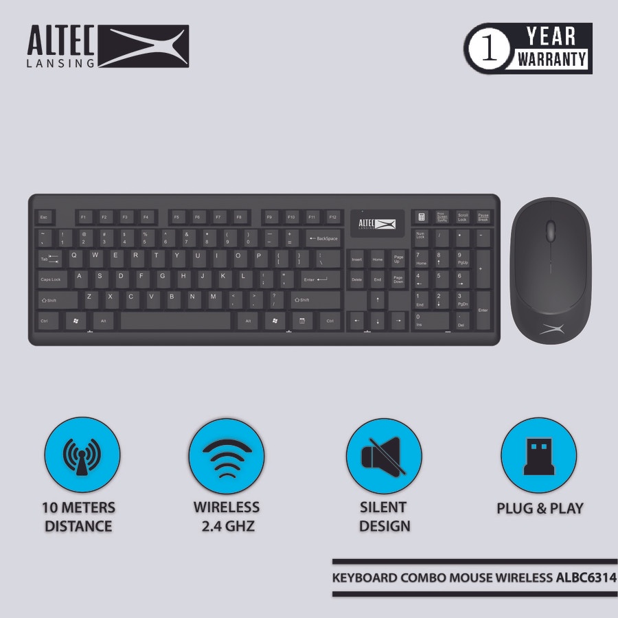 Mouse keyboard altec lansing wireless 2.4ghz usb membrane 104 key full size optical 3d 1200dpi silent albc6314 albc-6314