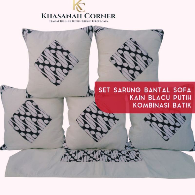 Set Sarung Bantal Sofa Kursi Taplak Meja Full Batik Blacu Katun Warna Putih Natural Kombinasi Bordir