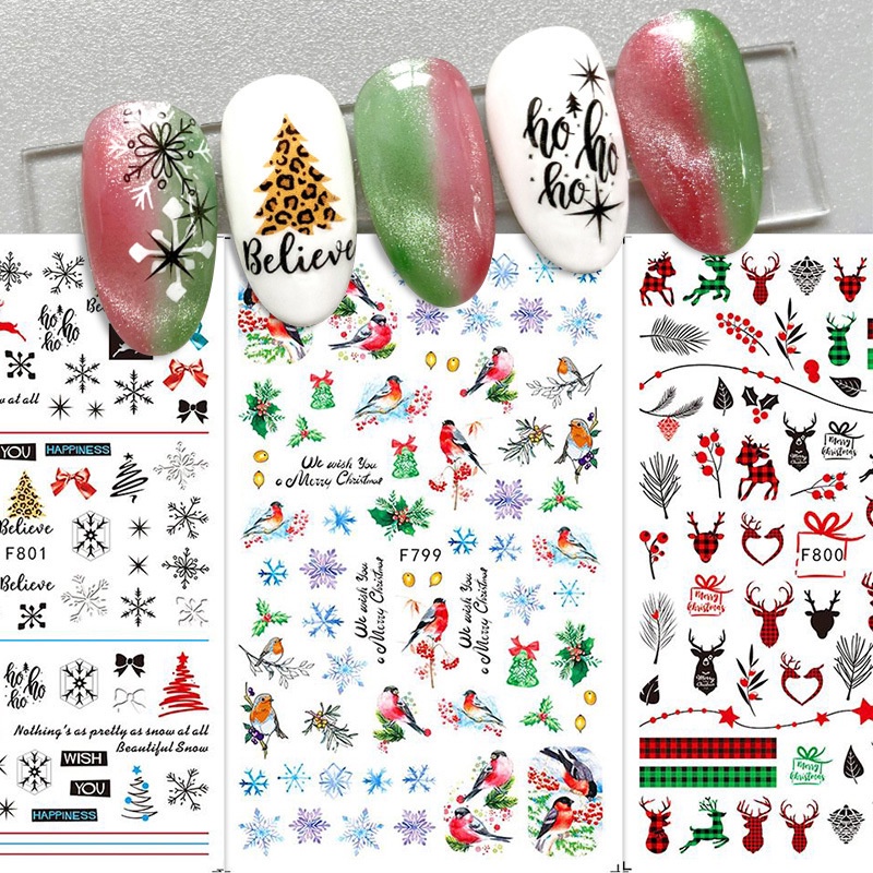 1 Lembar Stiker Kuku 3D Desain Snowflake Snowman Rusa Daun Natal Tahan Air Untuk Dekorasi Nail Art