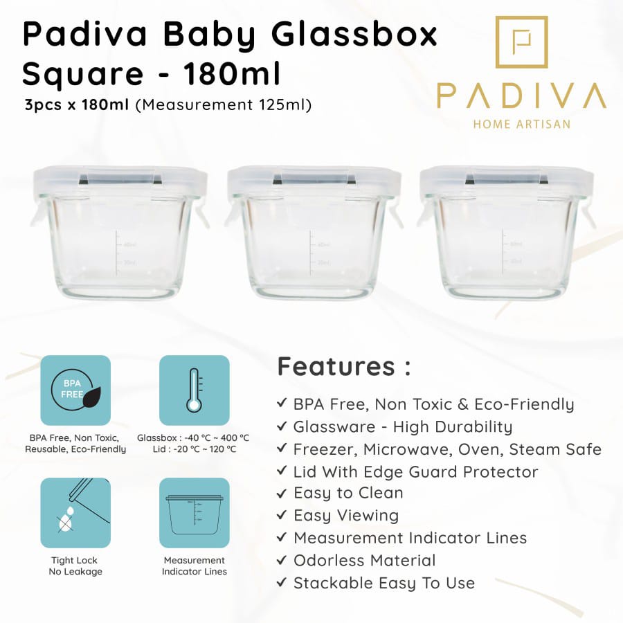 Padiva Baby Glassbox Square 180ml / Tempat Makan BAyi