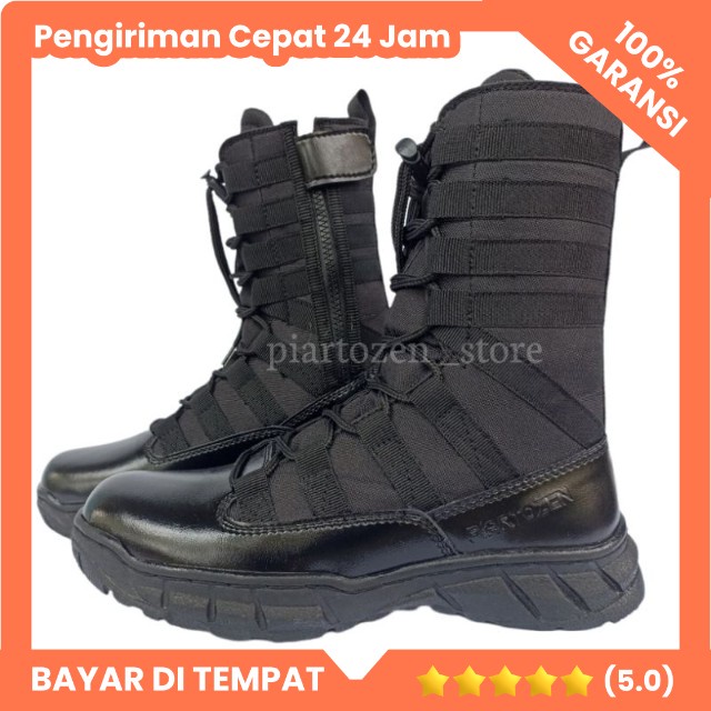 Sepatu PDL Pria Webbing Ninja dengan Tali Sleting untuk Dinas TNI/POLRI, Keamanan Satpam, Hitam Doff, Terbuat dari Kulit Sintetis yang Berkualitas.