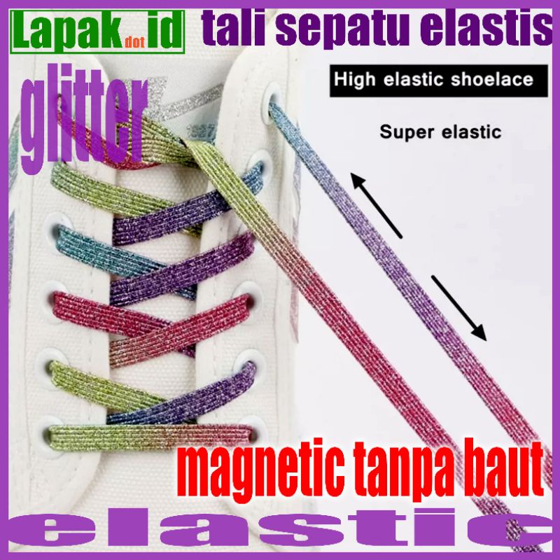 tali sepatu elastis flat glitter dengan magnetic lock tanpa baut