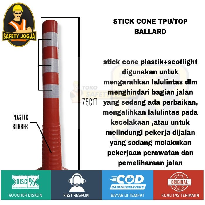 Stick Cone T Top Bollard Rubber Pembatas Jalan 75cm base orange