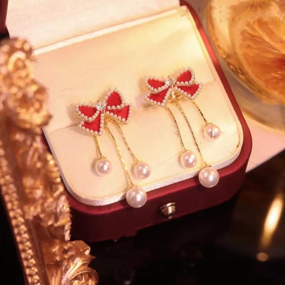 Anting Tusuk Gantung Desain Pita Merahmutiara Gaya Korea Untuk Wanita