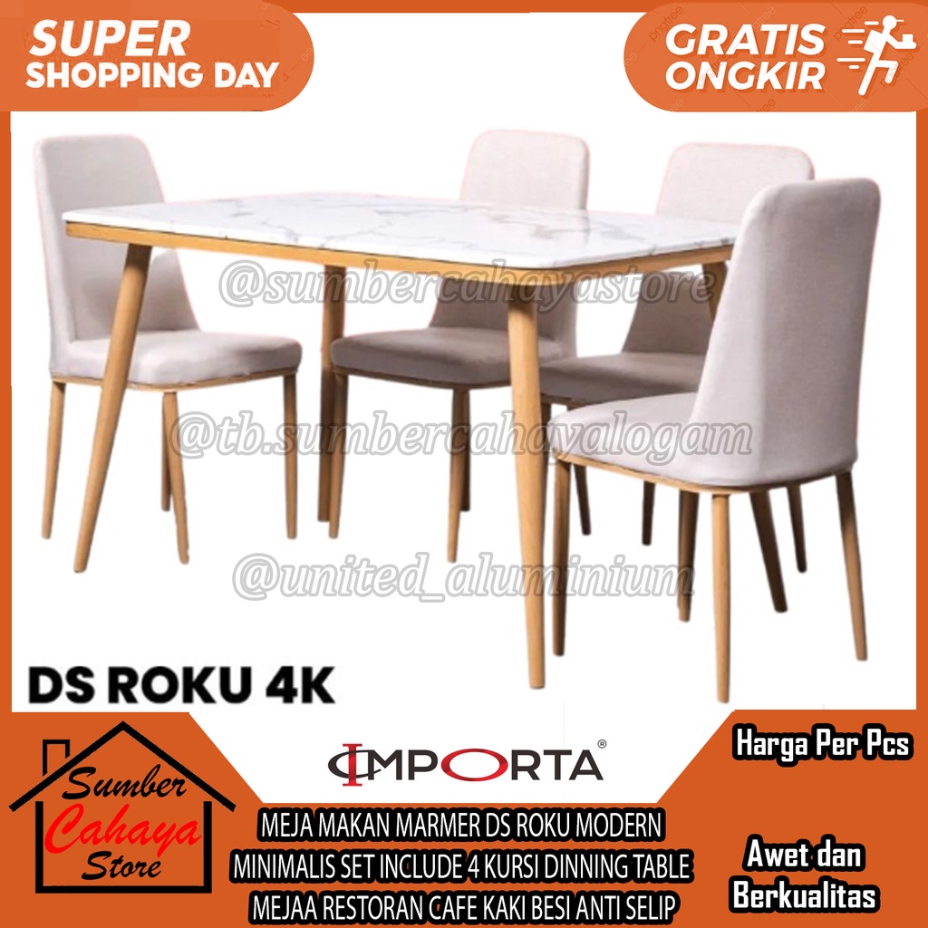 [Instan] MEJA MAKAN MARMER DS ROKU IMPORTA MODERN MINIMALIS SET INCLUDE 4 KURSI DINNING TABLE RESTOR