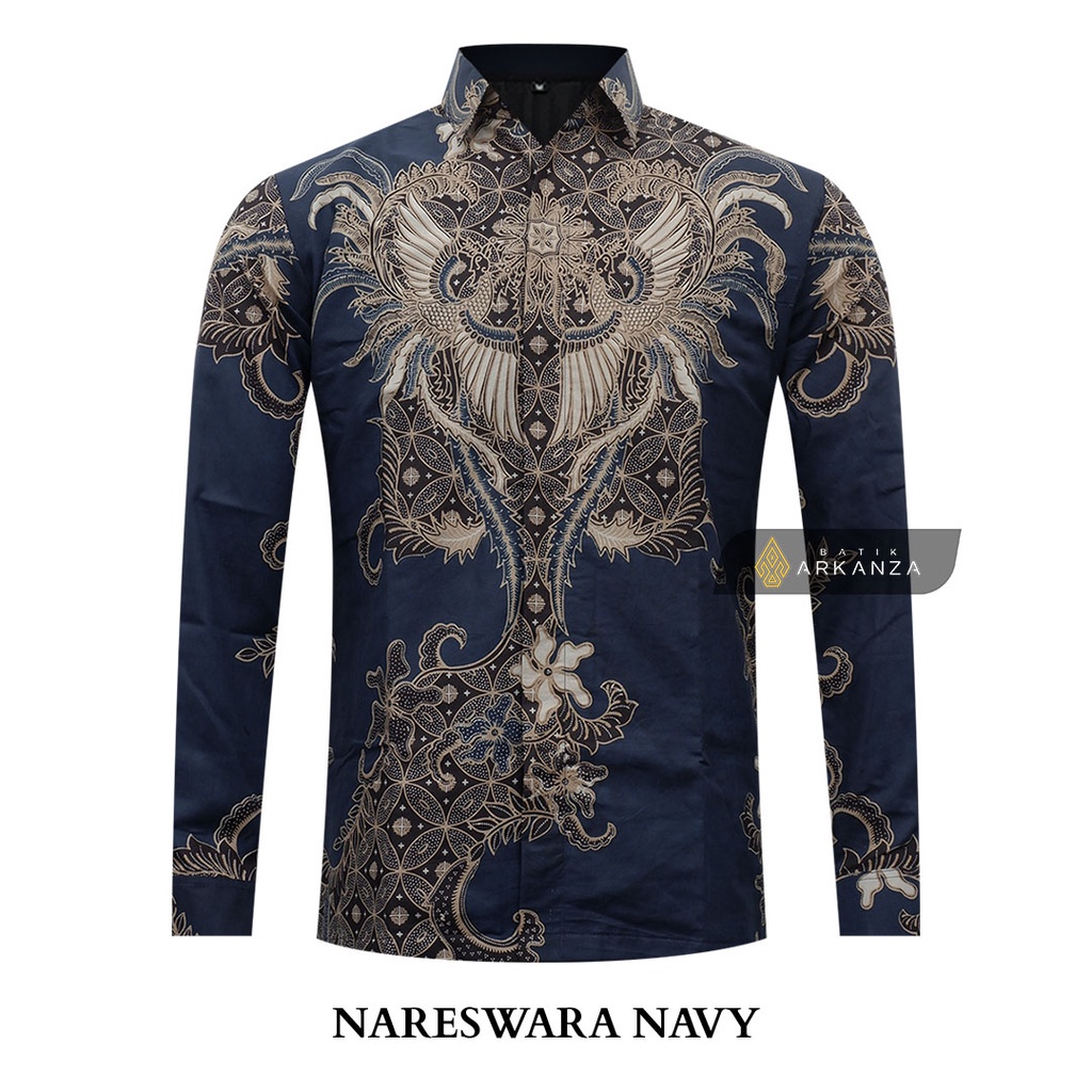 BATIK ARKANZA Motif NARESWARA NAVY Kemeja Batik Pria Lengan Panjang Memakai Furing