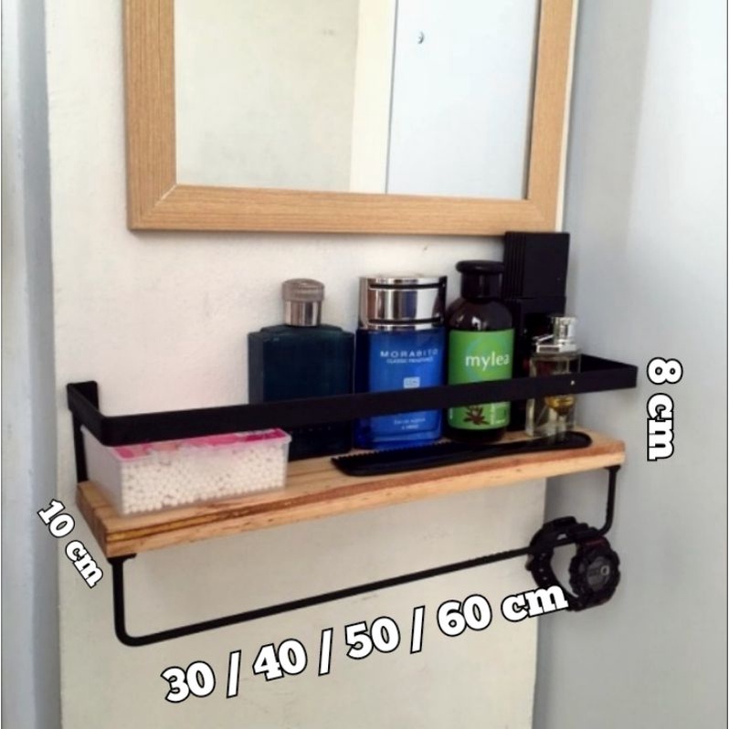 Rak 1 Ambalan + 1 Gantungan Besi Kayu Dinding Ruang Kamar Mandi Rumah Dapur Resto Cafe Hotel Buku Ri