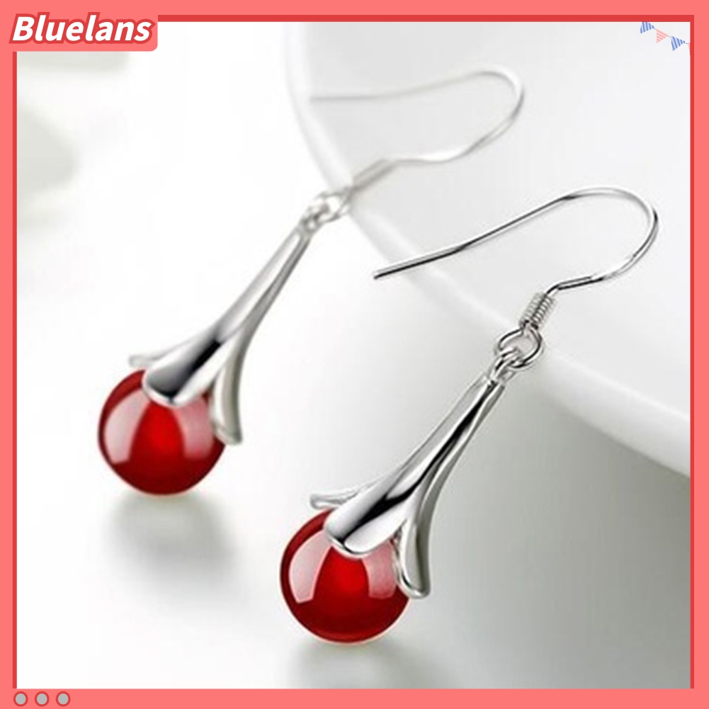 Anting Kait Juntai Bentuk Bunga Bulat Opal Tiruan Gaya Elegan Untuk Wanita