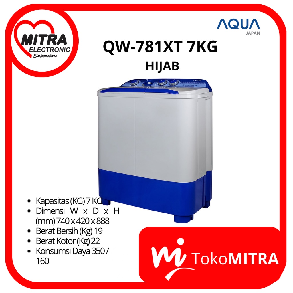 MESIN CUCI TWIN TUB MANUAL AQUA QW-781XT HIJAB 7KG