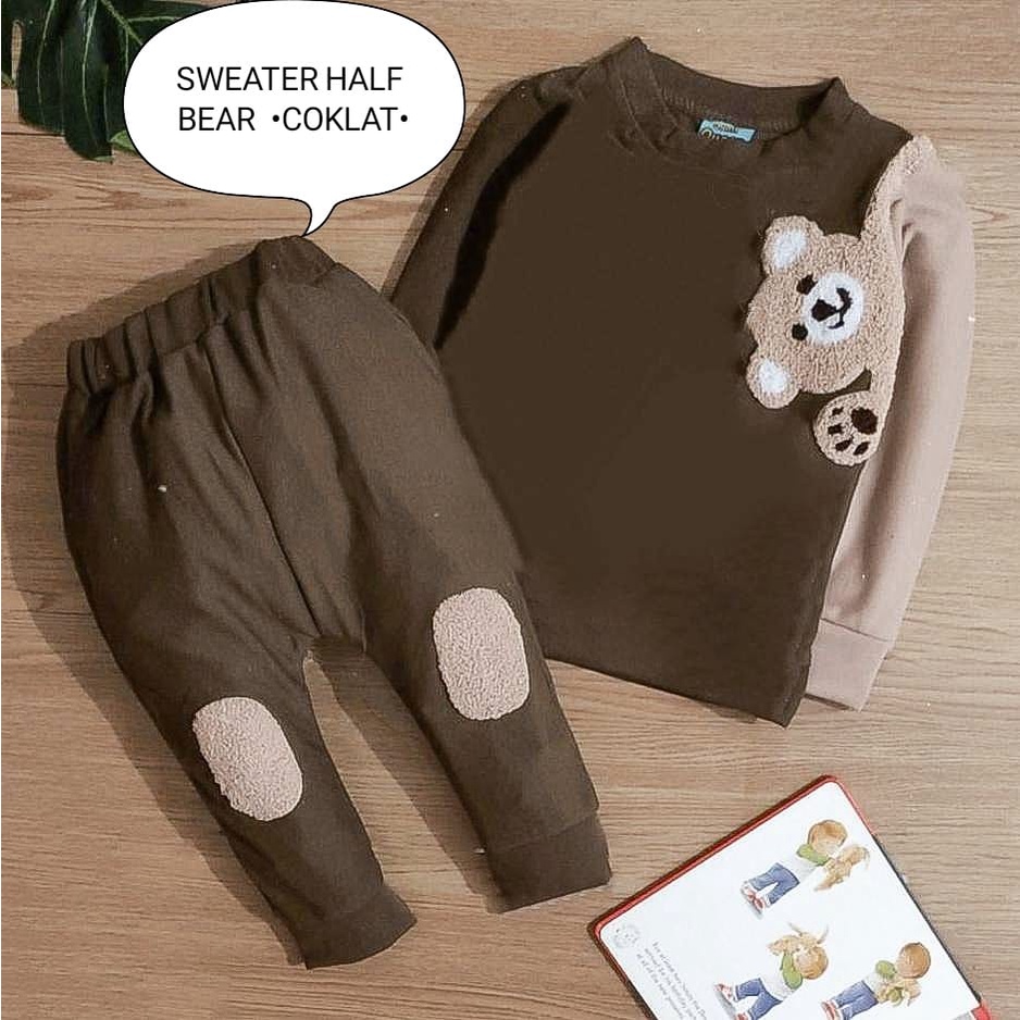 Setelan Anak Cowok - Baju Bayi Laki - Laki Model Sweater Tangan Panjang Celana Panjang Motif Half Bear Usia 6 Bulan-3 Tahun