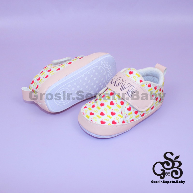 Prewalker - Sepatu Bayi - Baby Shoes | 2-12 bulan | motif LOVE Pink ringan &amp; fleksibel