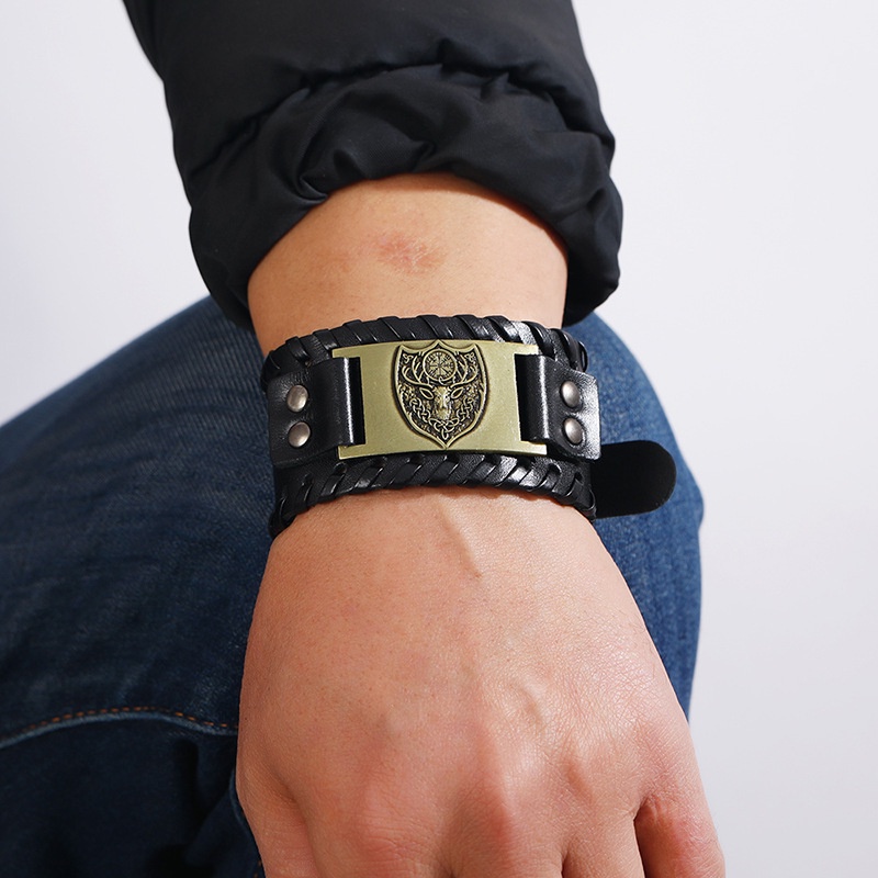 [Z H Perhiasan] Hip Hop Retro Viking Fashion Pria Anyaman Kulit Perisai Gelang Pesta Perhiasan Aksesoris