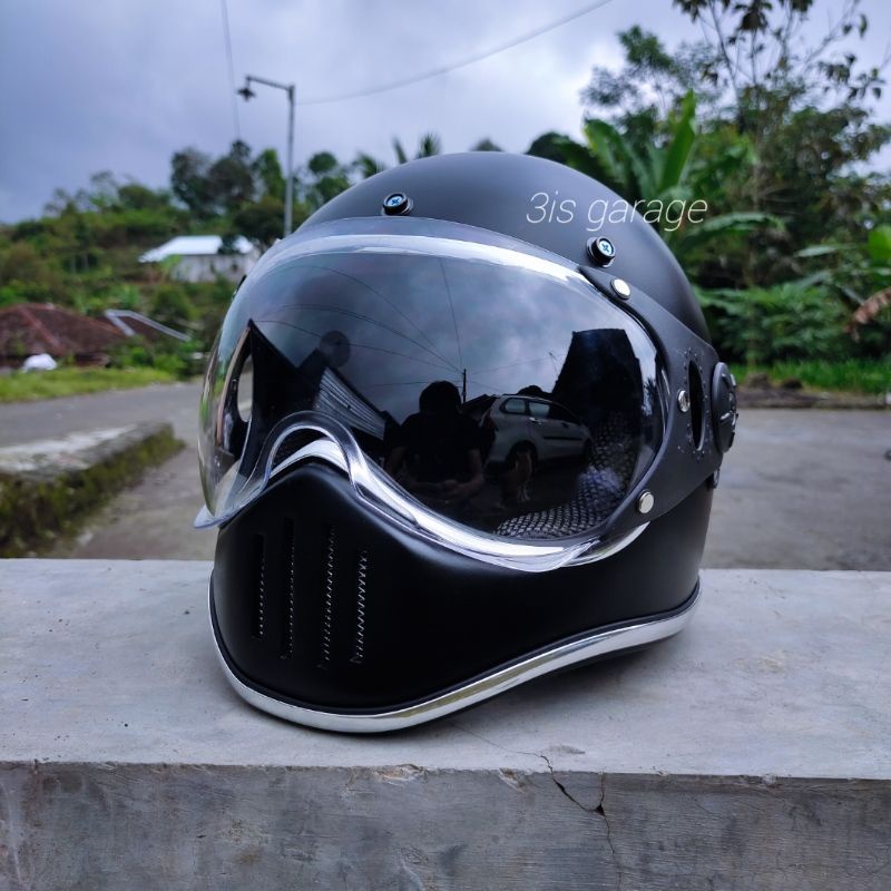 HELM CUSTOM CAKIL PILOT VISOR KLASIK RETRO LIST CHROME