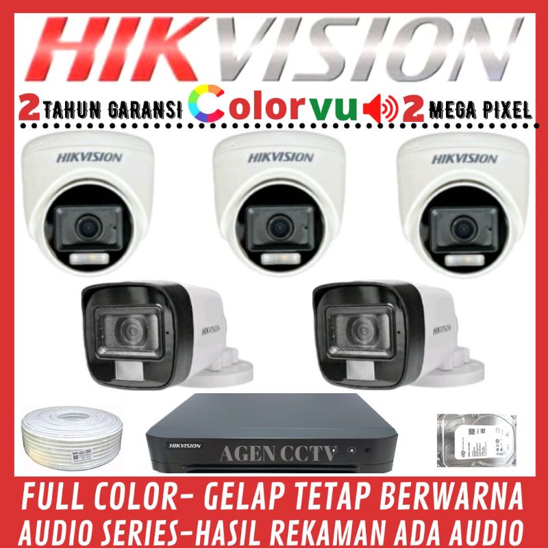 PAKET CCTV HIKVISION COLORVU 2MP 8 CHANNEL 5 KAMERA AUDIO FULL COLOR