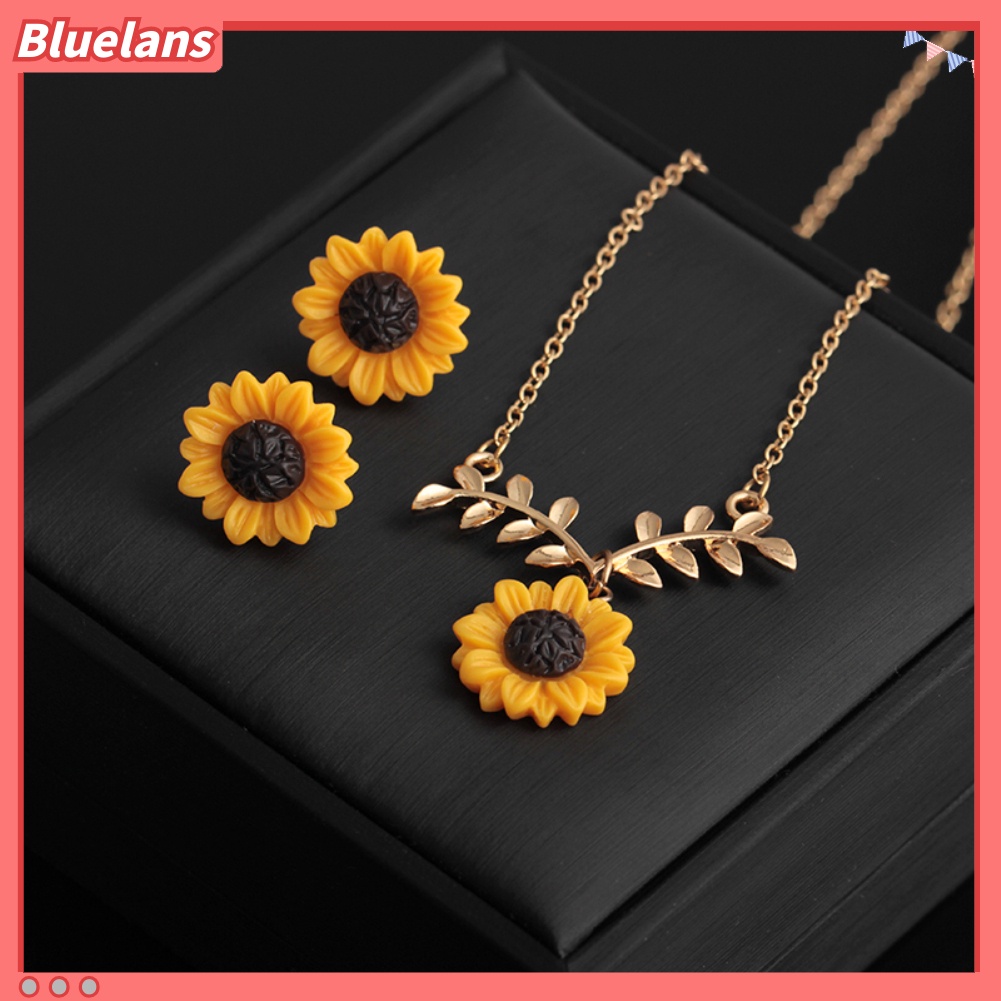 Bluelans Cute Sunflower Leaves Pendant Ear Studs Earrings Necklace Women Jewelry Set Gift