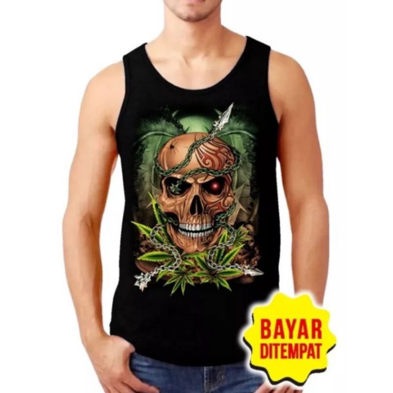 KAOS SINGLET DISTRO PRIA DEWASA MOTIF TENGKORAK HIJAU