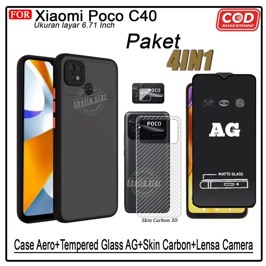 PAKET 4IN1 Case Xiaomi Poco C40 Softcase Aero Dove Black Transparan Protect Camera Premium Casing