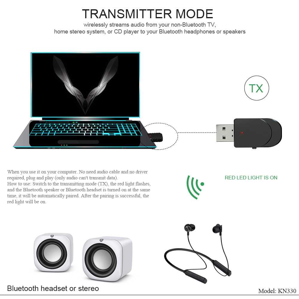 Bluetooth USB 5.0 Audio Transmitter &amp; Receiver 2 in 1 - Bluetooth musik KN330