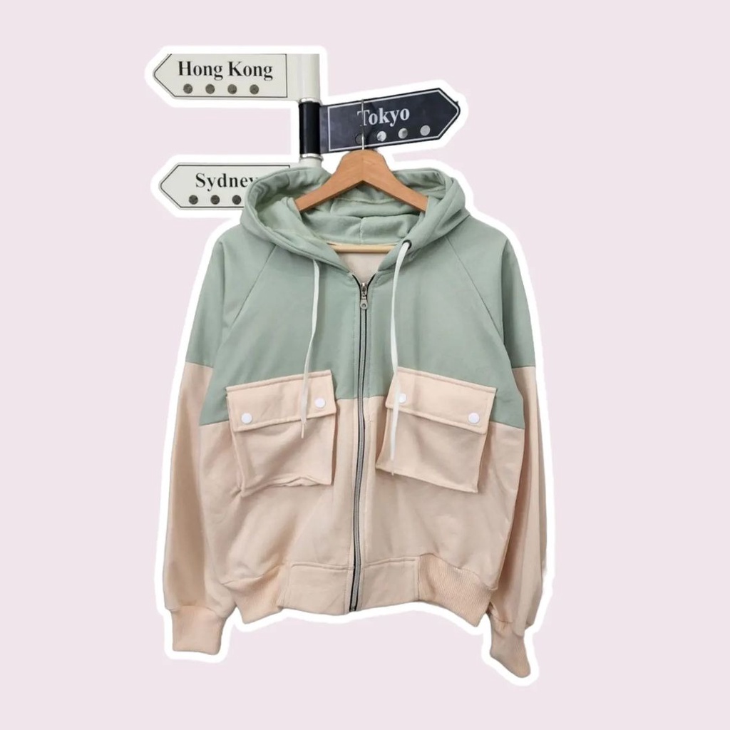 Two tone pocket jacket | outer pocket wanita | outer fleece wanita