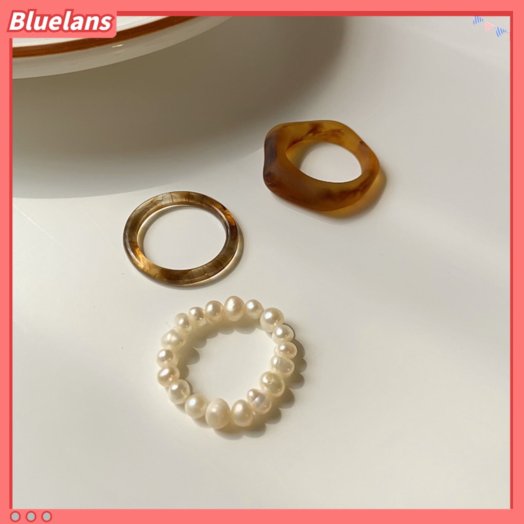 Bluelans 3Pcs / Set Cincin Jari Transparan Hias Mutiara Imitasi Gaya Simple Untuk Wanita