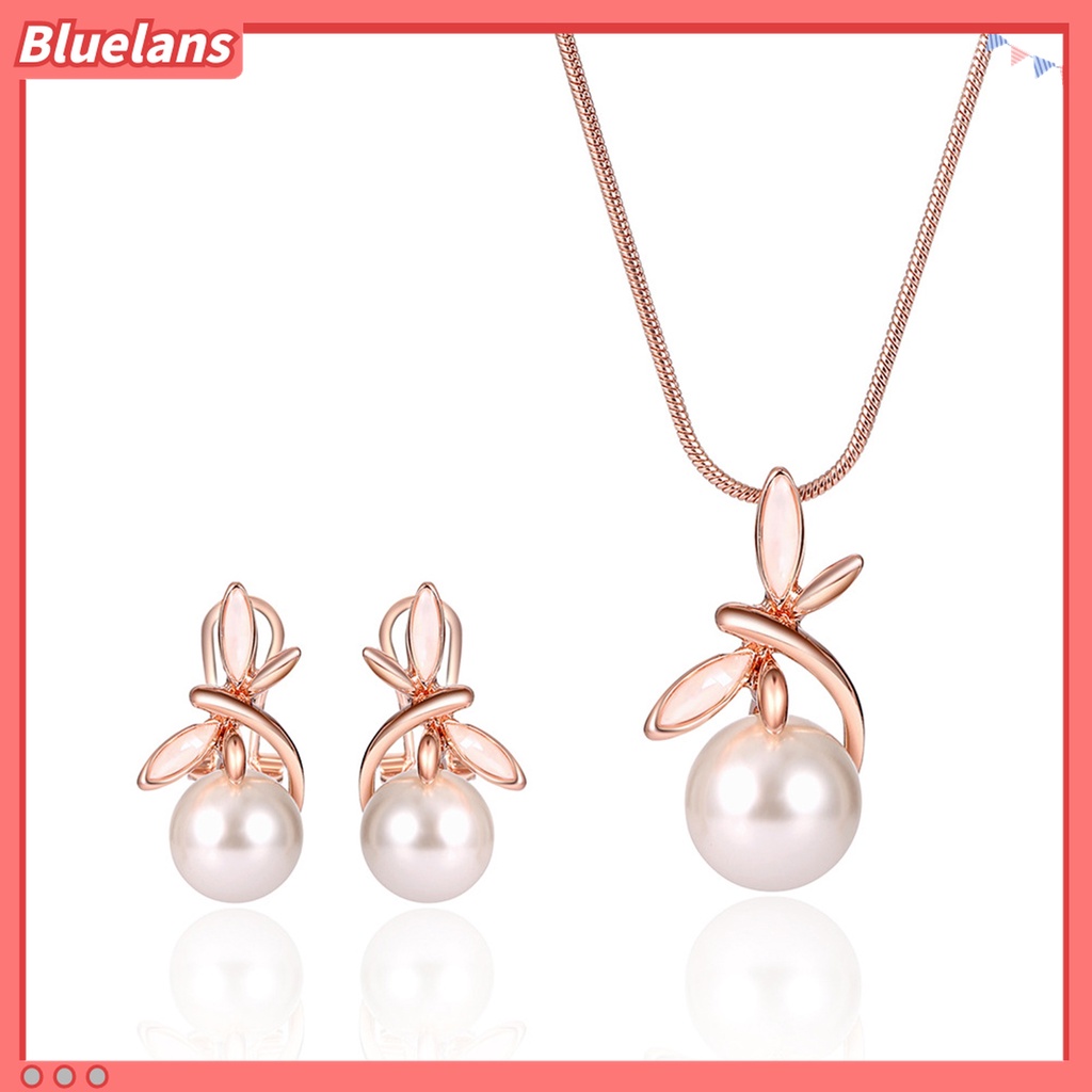 1 Set Kalung Anting Stud Desain Pita Aksen Mutiara Tiruan Untuk Wanita