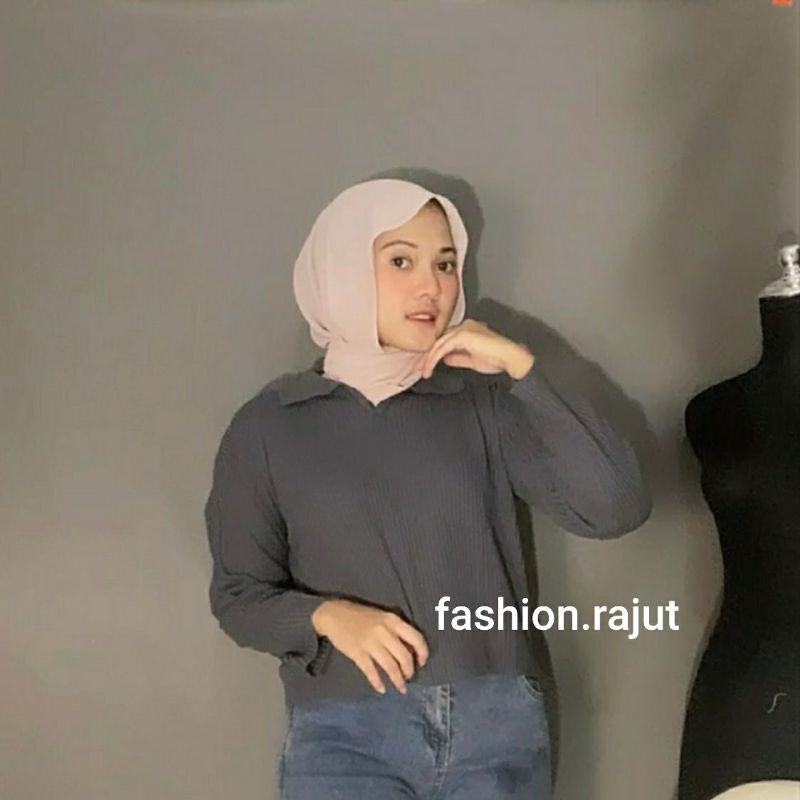 Blouse knit, Blouse Rajut COLLAR. Blouse korea Crop rajut, Atasan Wanita Kerah Polo, Blouse Rajut Model Kerah Polo