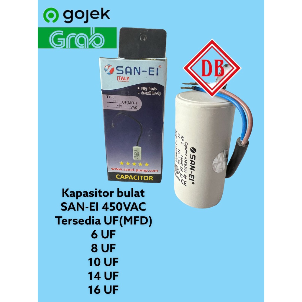 KAPASITOR AIR SAN-EI/CAPASITOR POMPA AIR/KIPAS BLOWER/MESIN DINAMO/6uf/8uf/10uf/14uf/16uf mikro 450w