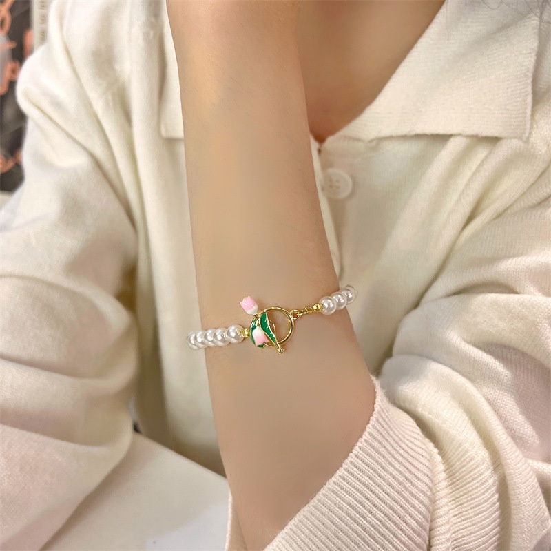 2022 Gelang Tangan Rantai Aksen Bunga Tulipmutiara Imitasi Gaya Vintageperancis Untuk Wanita