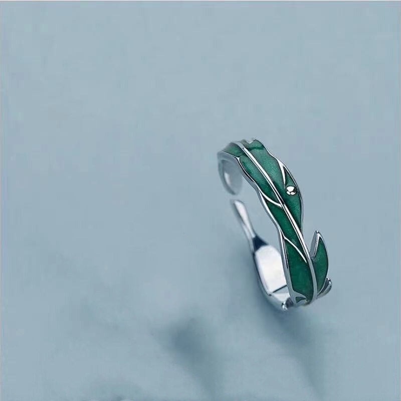 Cincin Enamel Bentuk Daun Hijau Adjustable Untuk Pria Dan Wanita