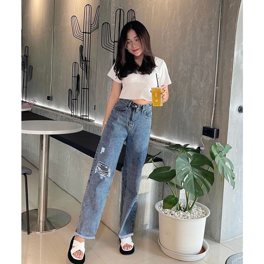 YAOSHI - Celana Panjang Jeans Wanita - Boyfriend Kulot jeans Airish Gaya Korea