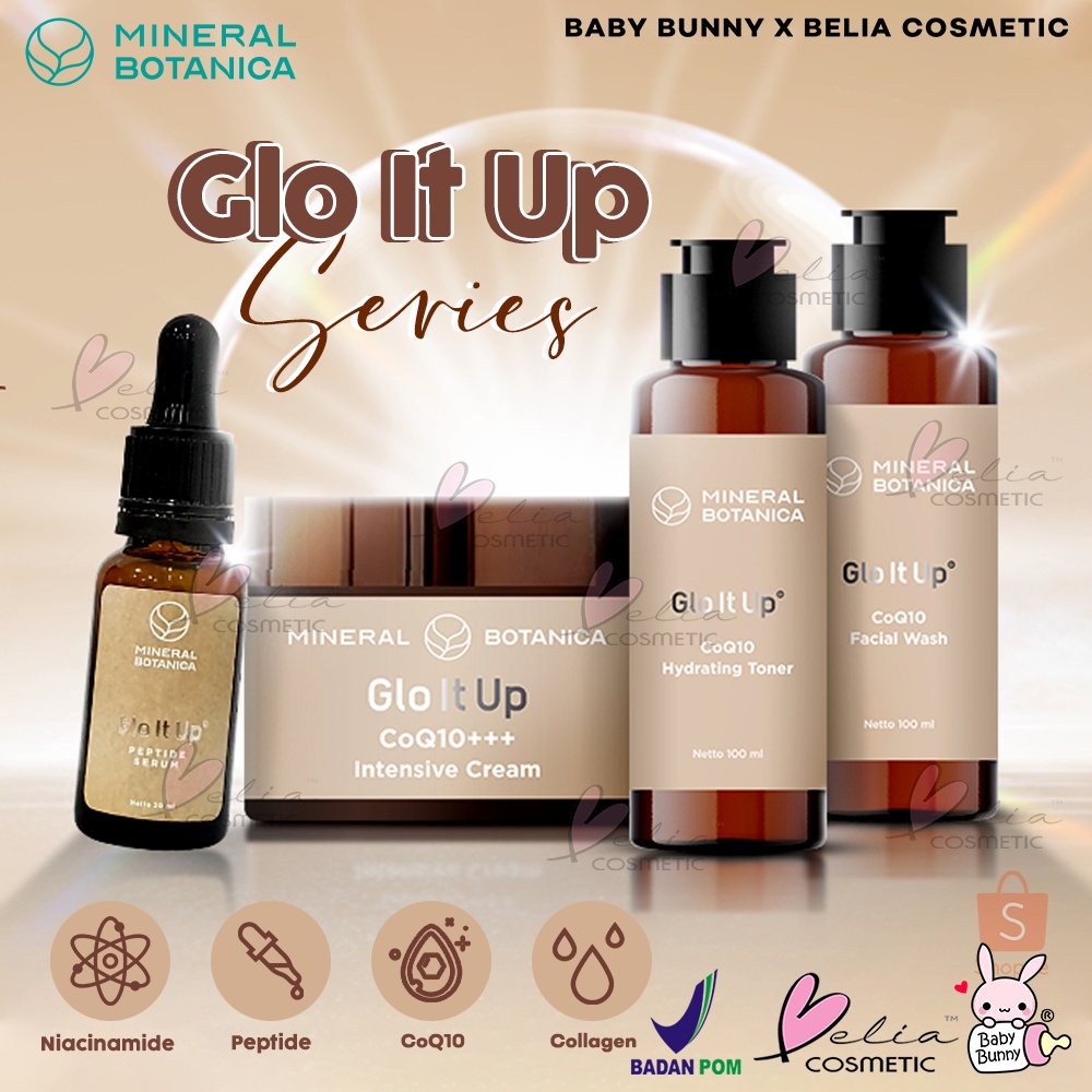 ❤ BELIA ❤ MINERAL BOTANICA Glo It Up CoQ10 Face Wash 100ml | Hydrating Toner 100ml | Intensive Cream 25g | Peptide | Niacinamide | Glowing BPOM