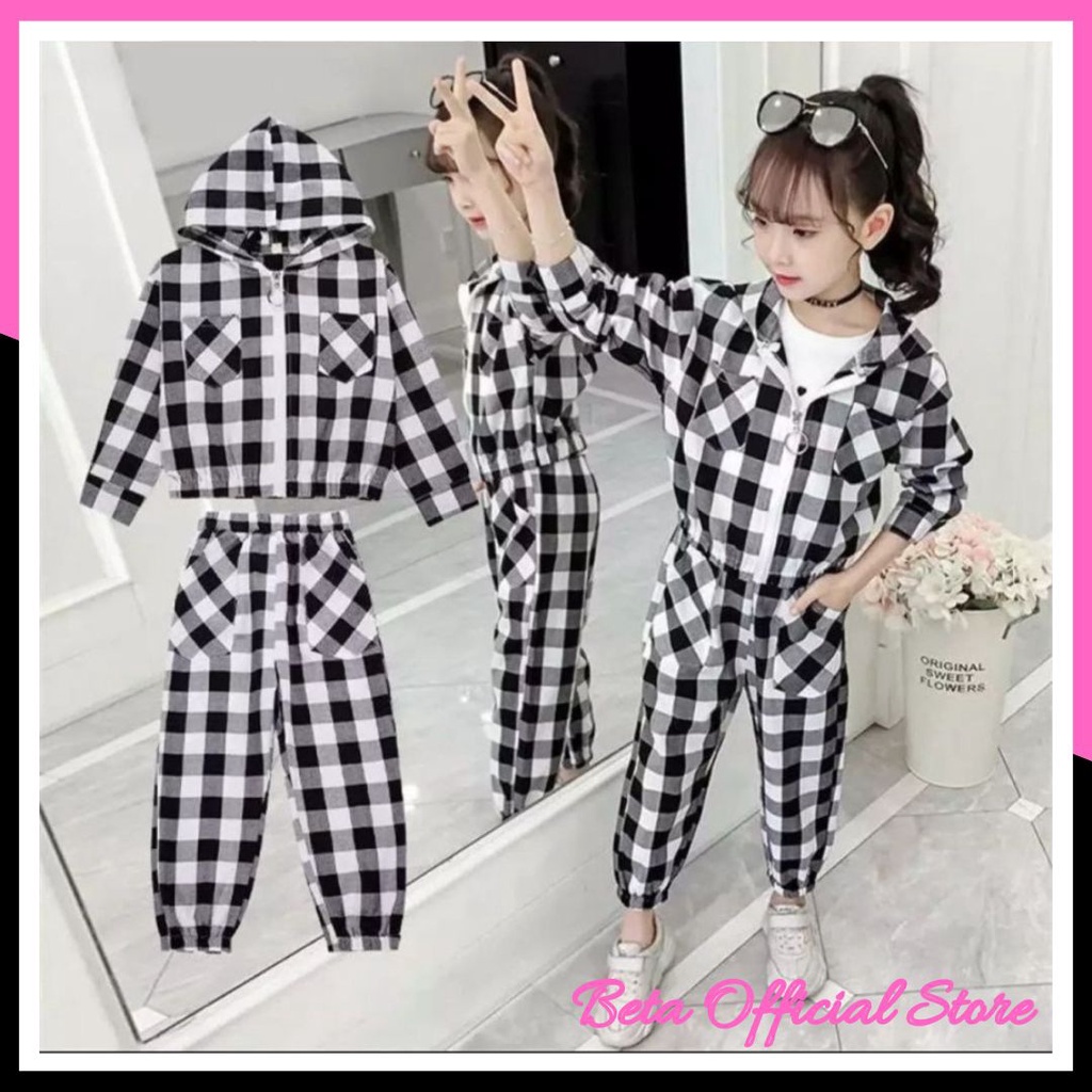 Baju Set Atasan Hoodie Setelan Celana Panjang 2in1 Motif Kotak Anak Perempuan Usia 1 2 3 4 5 6 7 8 9