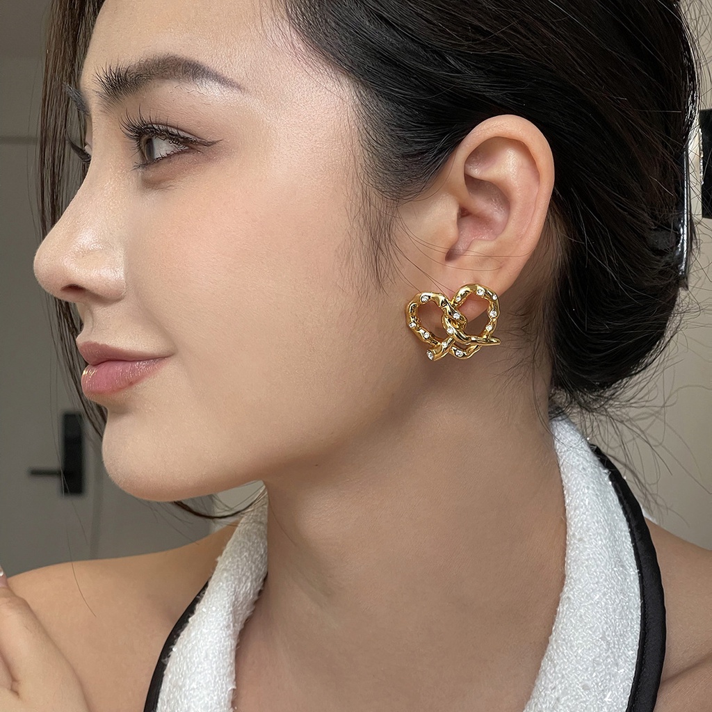 Goldkingdom Fashion Perhiasan Emas Asli Kadar 375 Bangkok Aksesoris Ready Stock French Vintage Earrings Bray Knot Bertatahkan Berlian Hati Kepribadian Klavikula Rantai