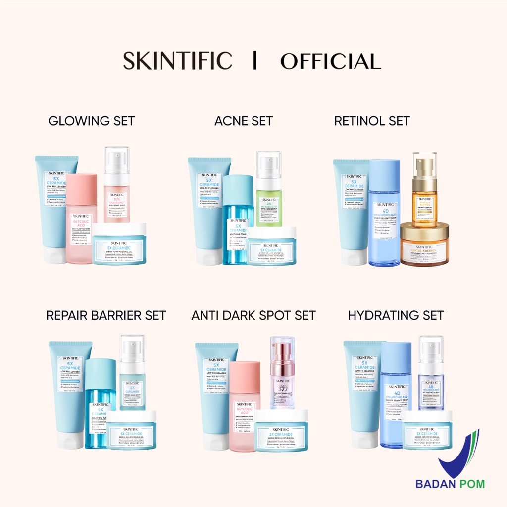 Skintific 4 pcs Paket Skincare with serum - Low pH Cleanser &amp; Barrier Repair Moisture Gel &amp; Exfoliating Toner &amp; Niacinamide Brightening Serum &amp;  Acid Anti Acne Serum &amp;  Soothing Toner &amp; Barrier Rrpair Serum &amp; Hyaluronic Acid Hydrating Serum