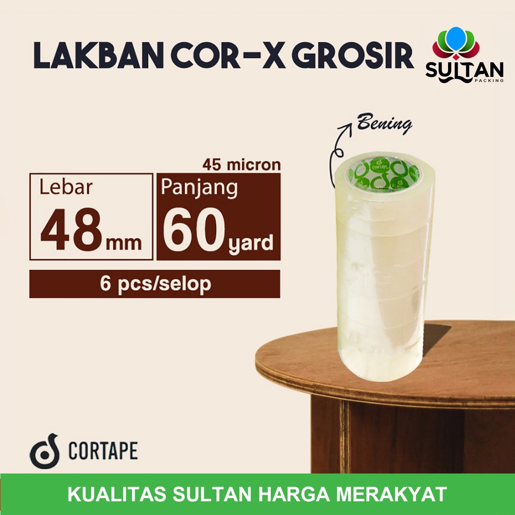 

Lakban Cortape Bening 45 mm x 60 yard (Cor-X) Ekonomis 1 Selop