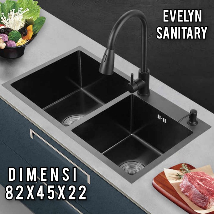 Kitchen Sink Black 8245 / Bak Cuci Piring Hitam 2 Lubang Black