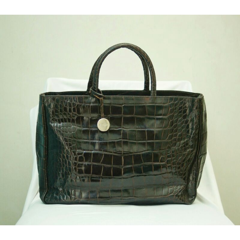 tas Furla full croco leather tote bag