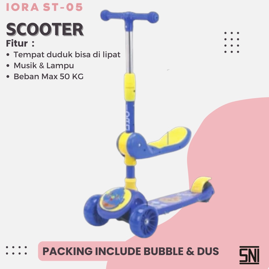 Premium Skuter Lipat Scooter Otopet Anak IORA ST05 Roda Tiga Dudukan Lampu Musik